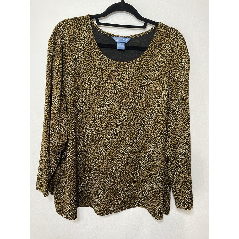 VTG Koret Women's Animal Print Knit Blouse, Long Sleeve, Black/Gold, Size 3X